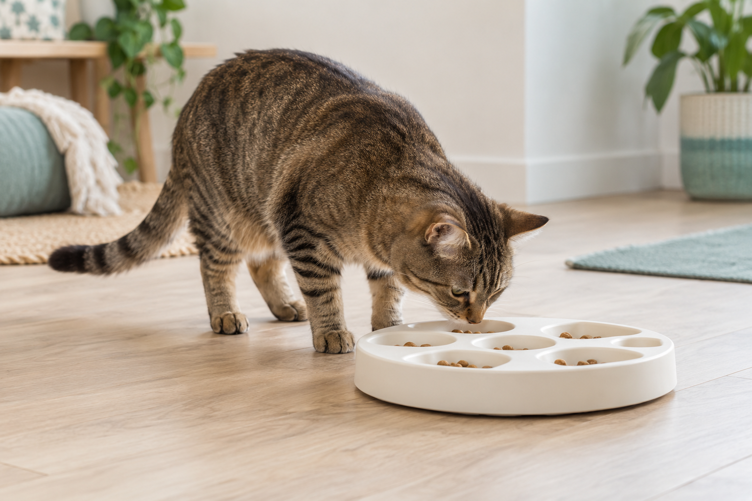A cat investigating an easy, shallow food puzzle.