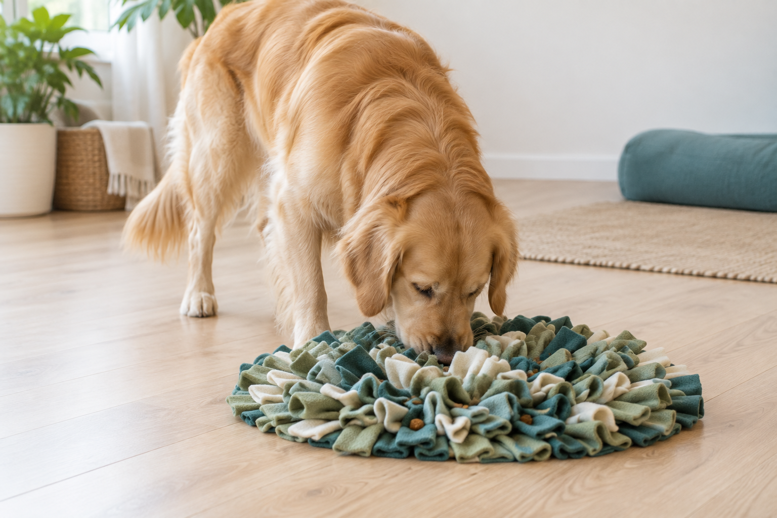 A dog using its nose to search a snuffle mat for food.